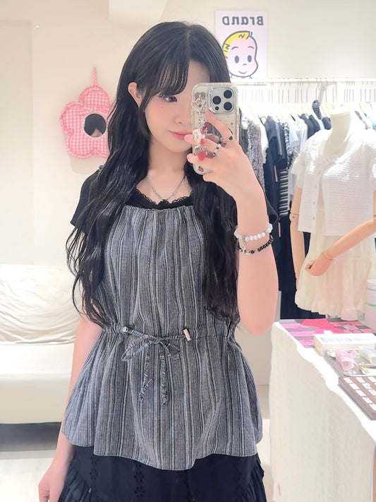 韓系間條束腰小背心
