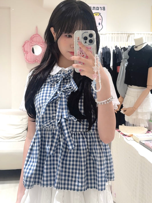 人氣之選!!娃娃格紋綁帶上衣