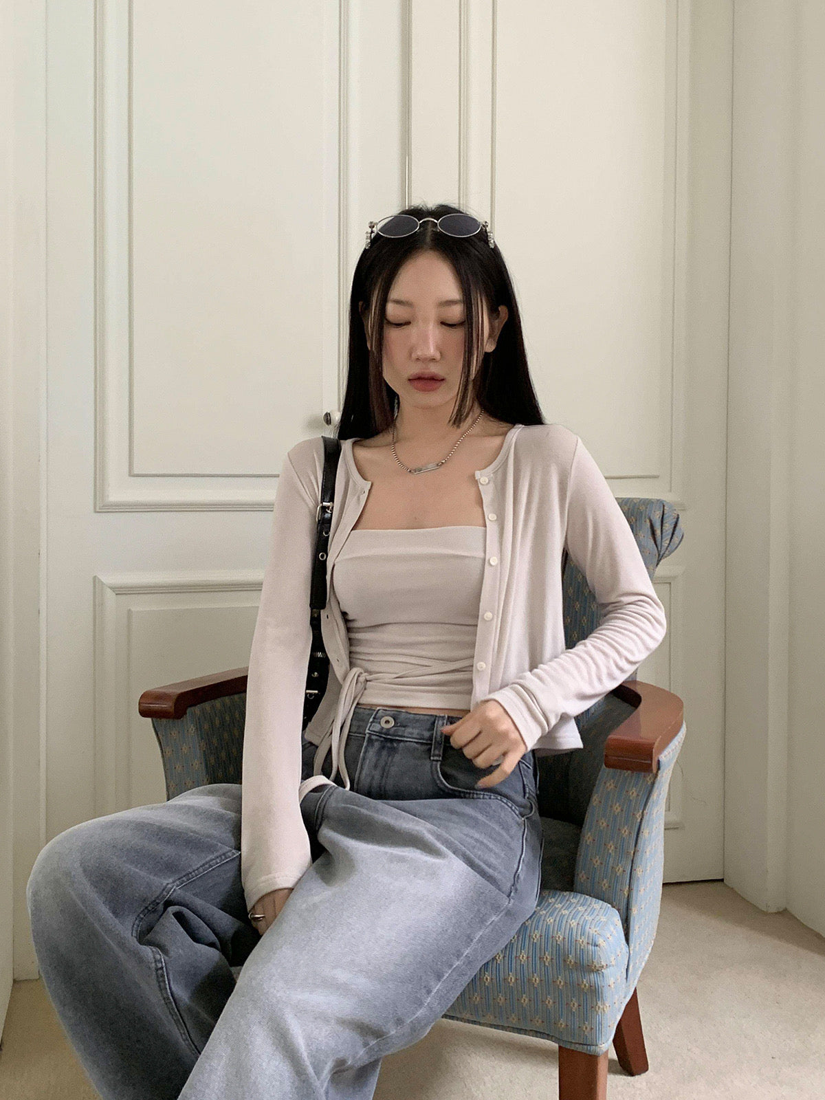 皺摺綁帶tube top+開衫Set
