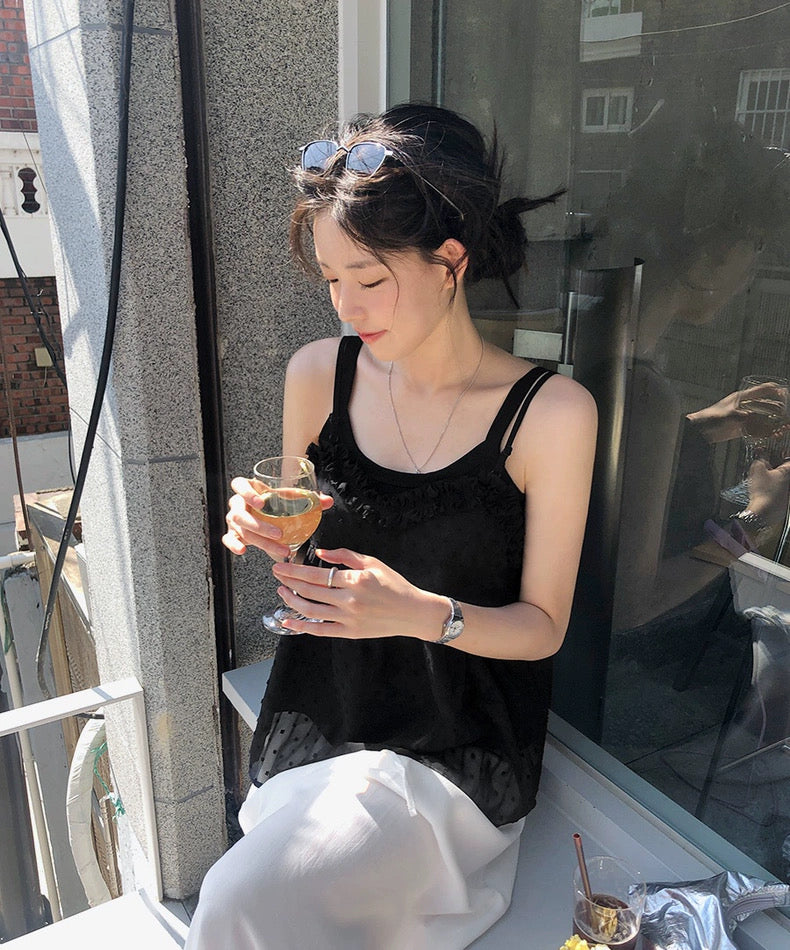 波點花邊吊帶背心