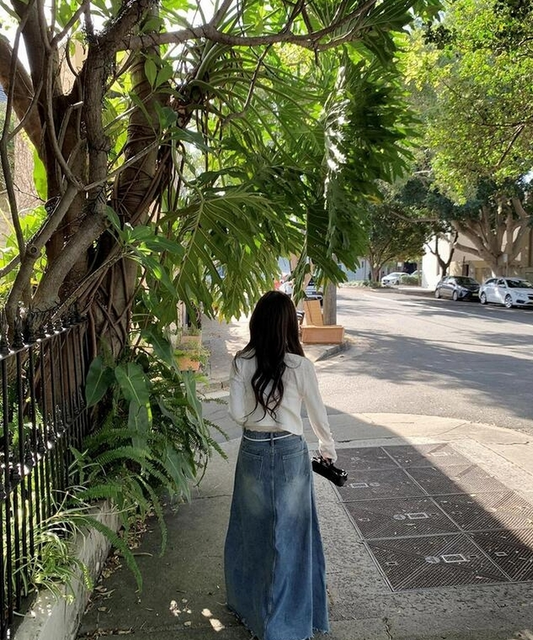 韓系A-Line九分牛仔長裙