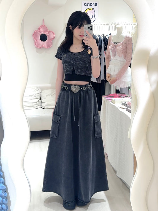 混色假兩件上衣+牛仔長裙套裝