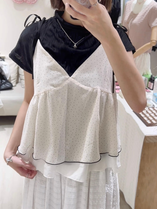 皺皺短Tee+波點層次感背心