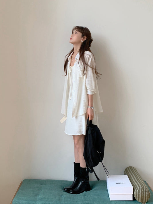 韓系簡約襯衫+背心抽繩ops Set