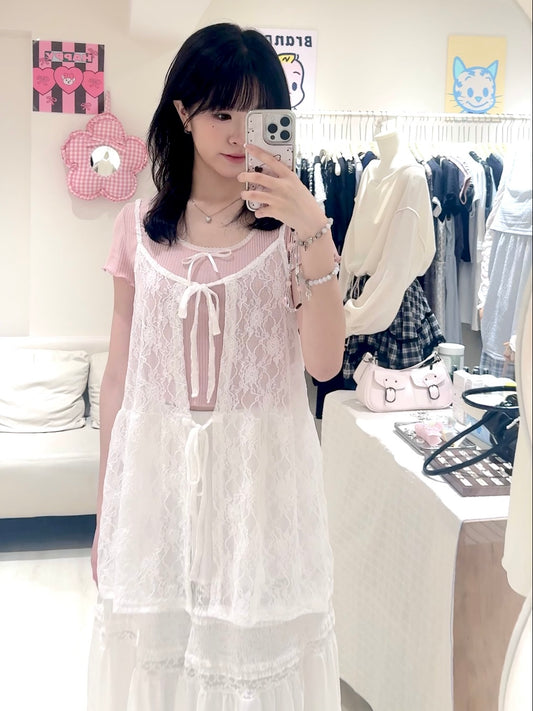 甜美花邊蕾絲長裙套裝