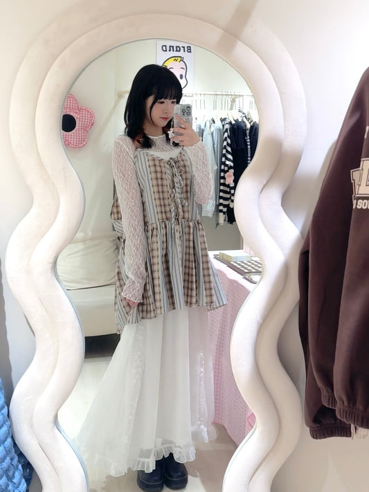 娃娃裝下擺格紋綁帶背心