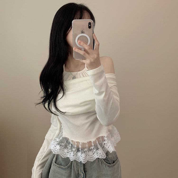 蕾絲層疊掛頸長tee
