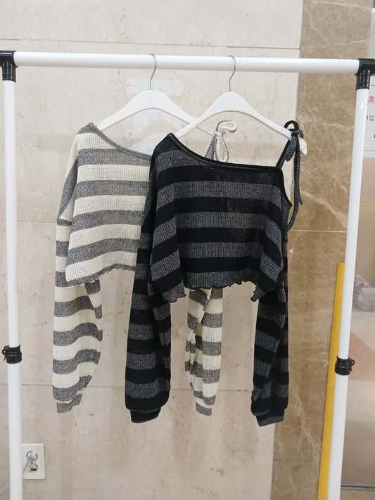 間條拼色肩綁帶上衣