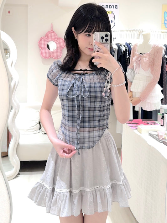 格紋透膚上衣+點點短裙套裝