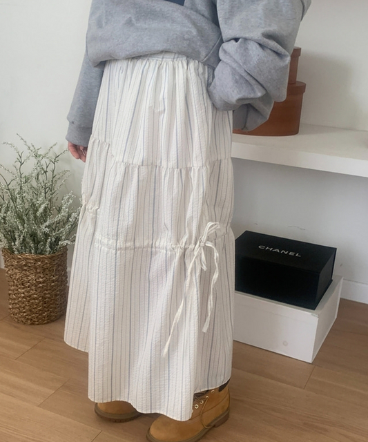 細條紋免燙帶綁帶長裙