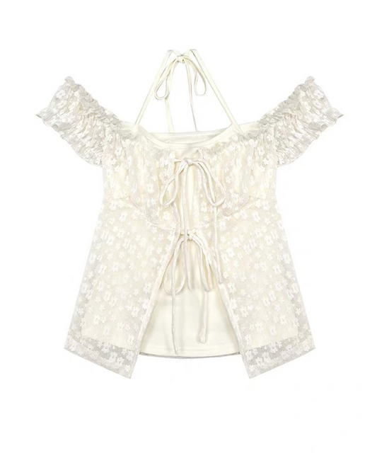 假兩件花花綁帶短Tee