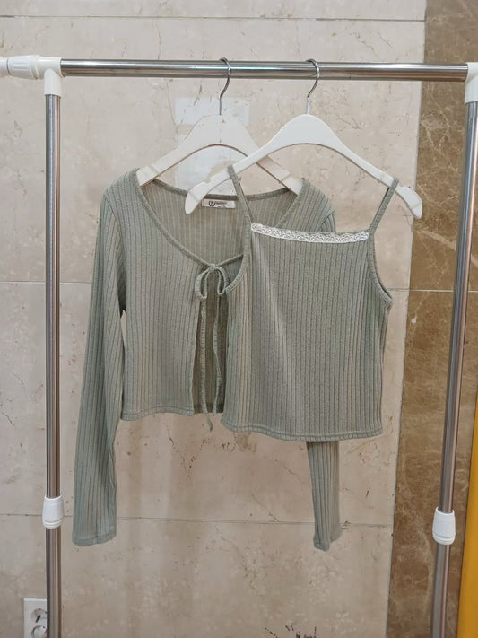 韓系花邊背心+綁帶外套Set