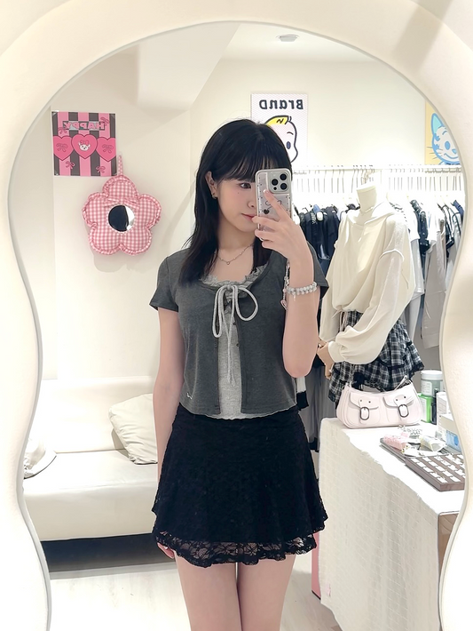 假兩件花邊上衣+蕾絲短裙套裝