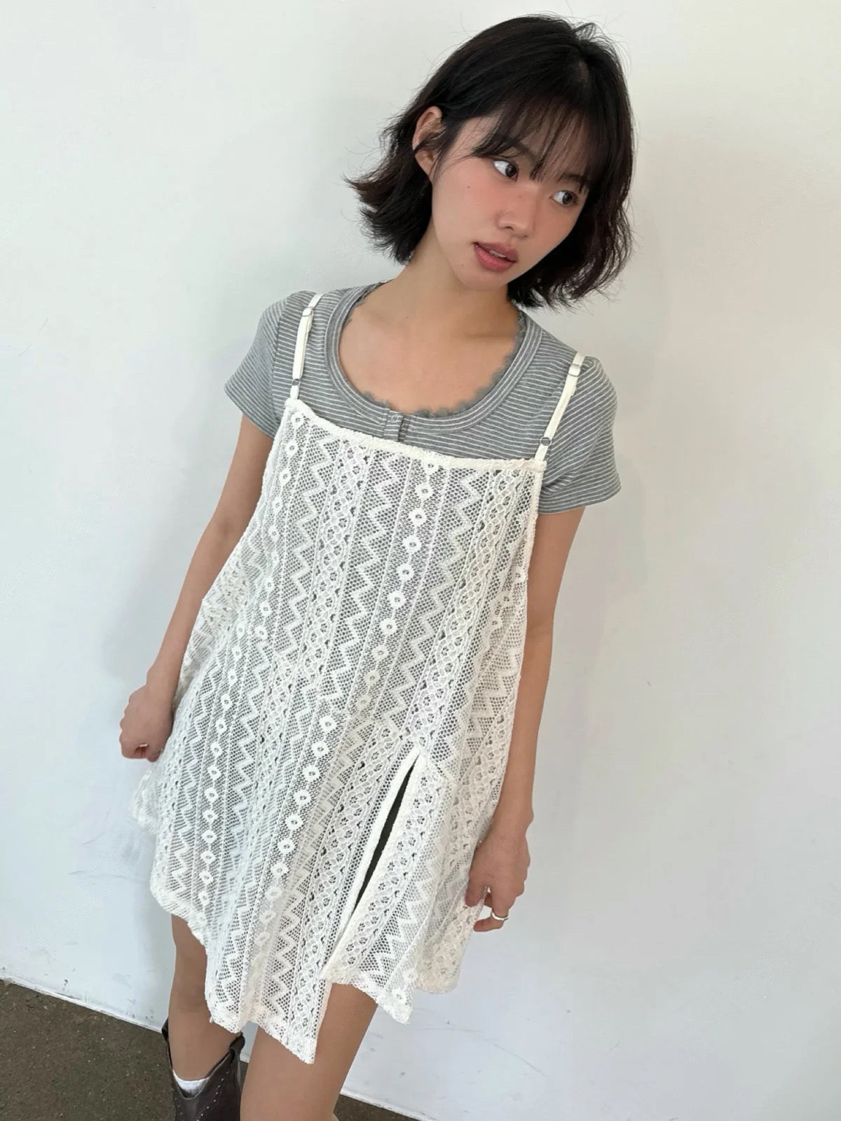 肩帶可調ᵎᵎ。🧷蕾絲側開叉罩裙