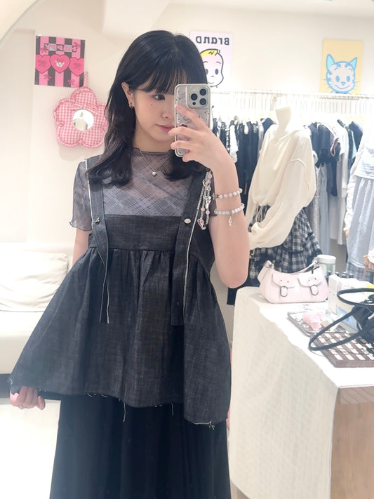 菱格透膚牛仔背心+長裙套裝