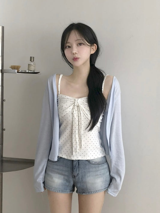 波點蝴蝶結背心+外套Set