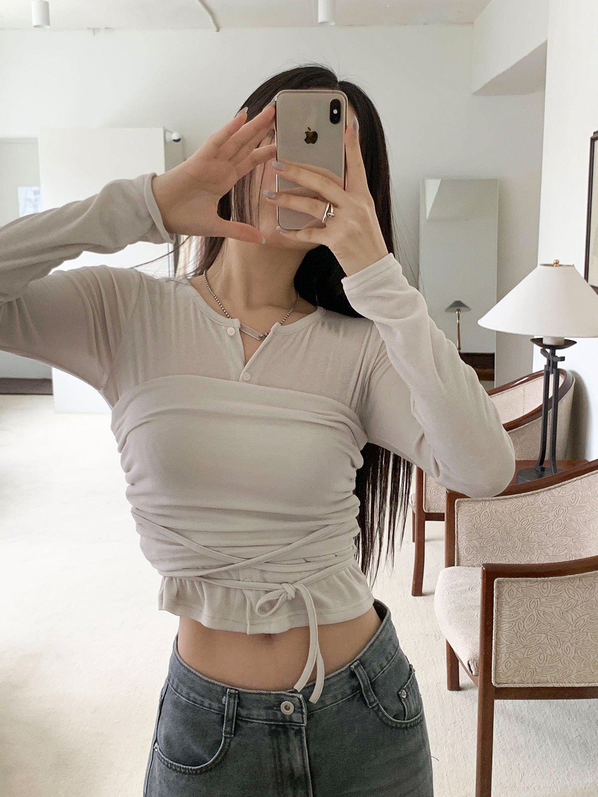 皺摺綁帶tube top+開衫Set
