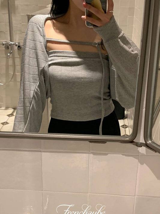 平口背心+一字扣外套Set