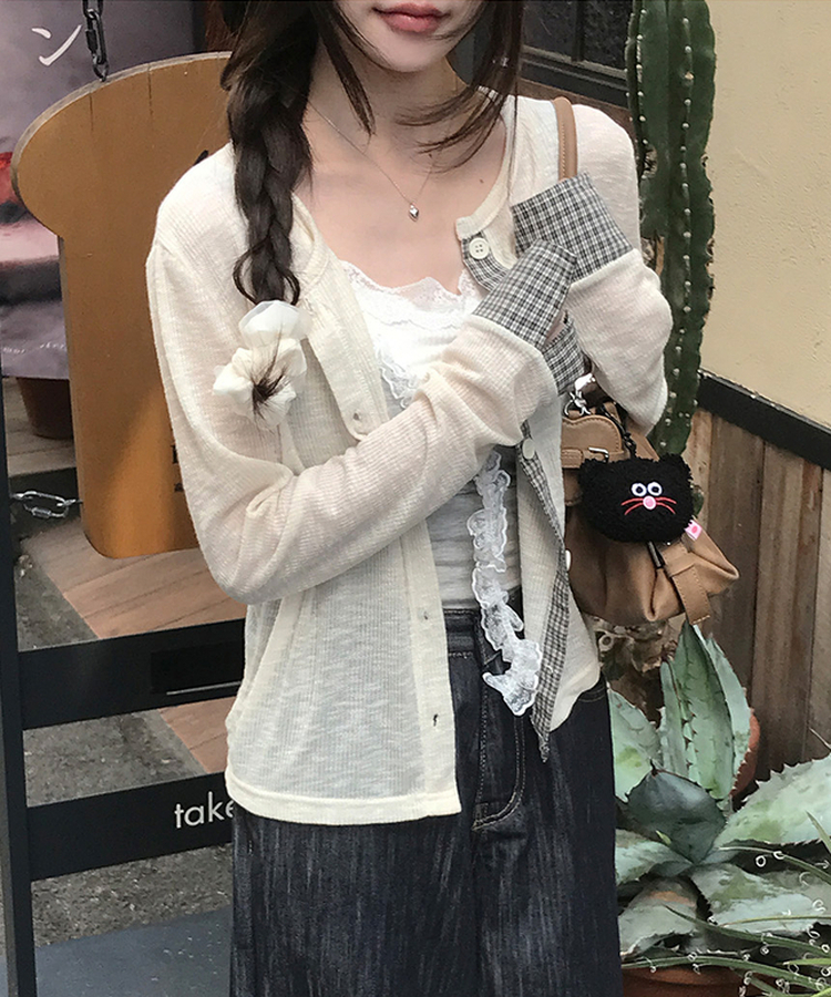 夏日開衫ೀ格紋拼邊上衣