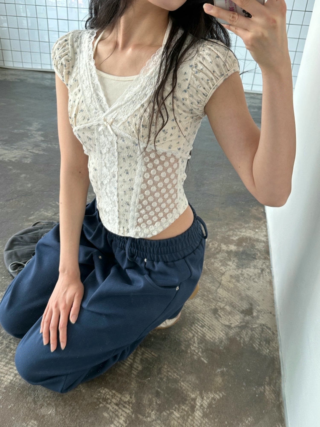 假兩件碎花拼接Top