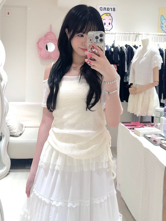 蕾絲吊帶背心+側抽繩上衣Set