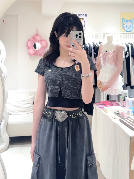 混色假兩件上衣+牛仔長裙套裝