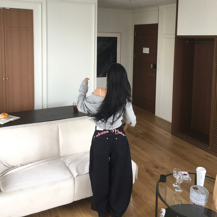 復古拼色字母長牛仔褲