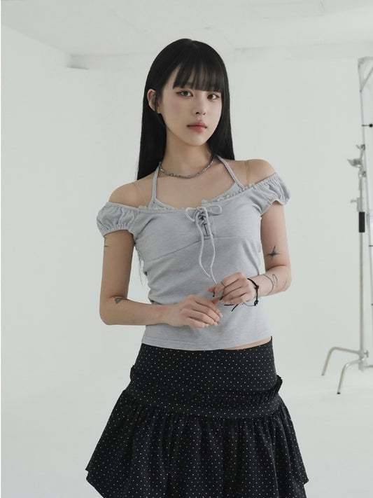 假兩件花邊綁帶上衣