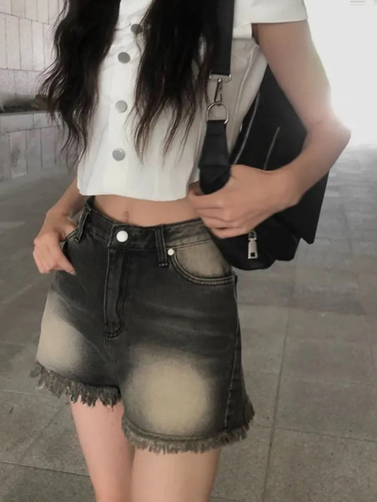 洗水高腰流蘇邊短褲