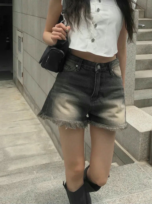 洗水高腰流蘇邊短褲