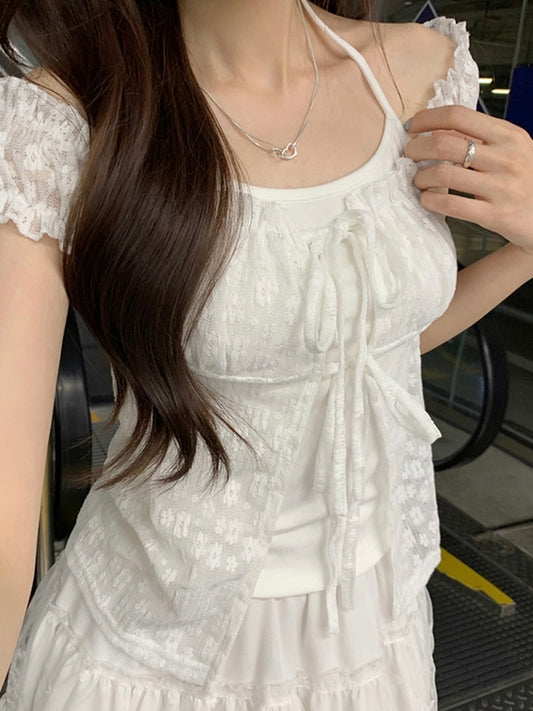 假兩件花花綁帶短Tee