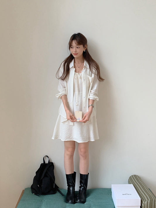 韓系簡約襯衫+背心抽繩ops Set