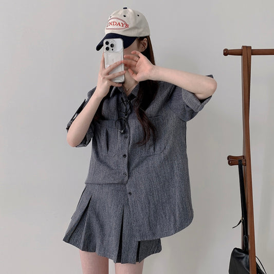韓系休閒襯衫+百褶短裙Set