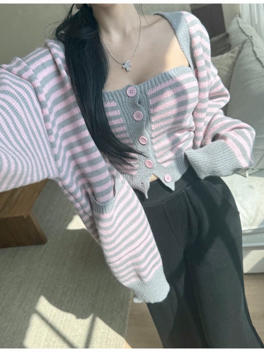 間條平口背心針織套裝