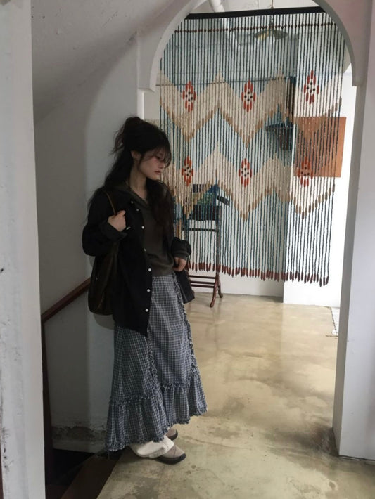 格紋兩側花邊長裙