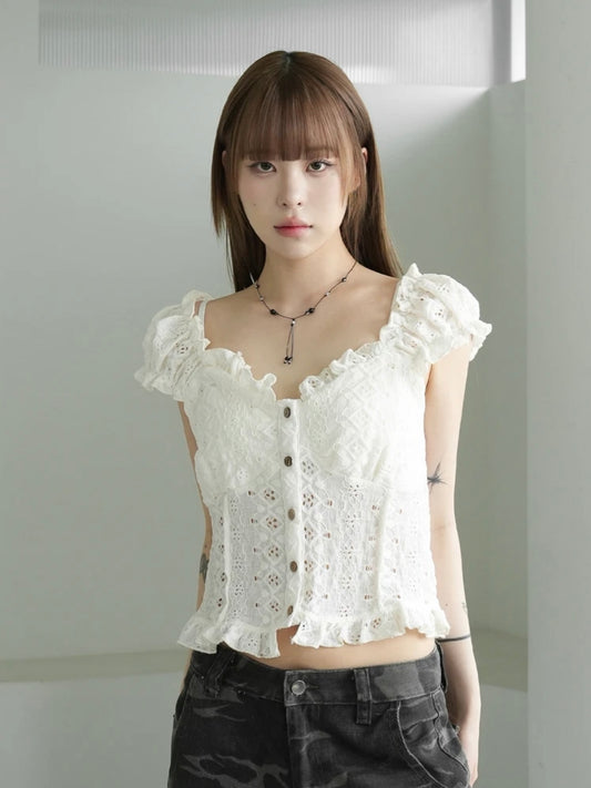 重工鉤花公主袖上衣