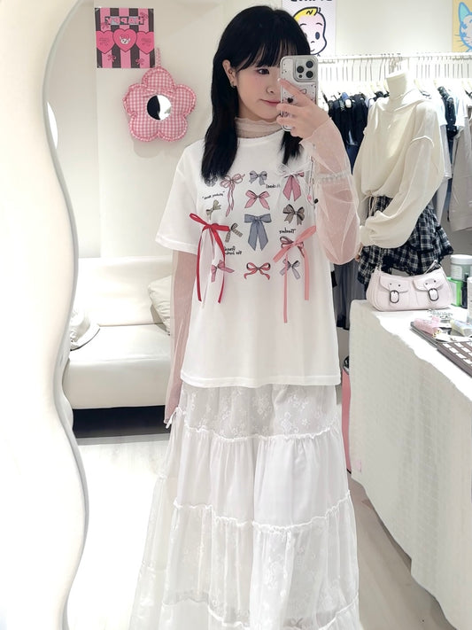 蝴蝶結Tee+絕美蕾絲拼接裙套裝