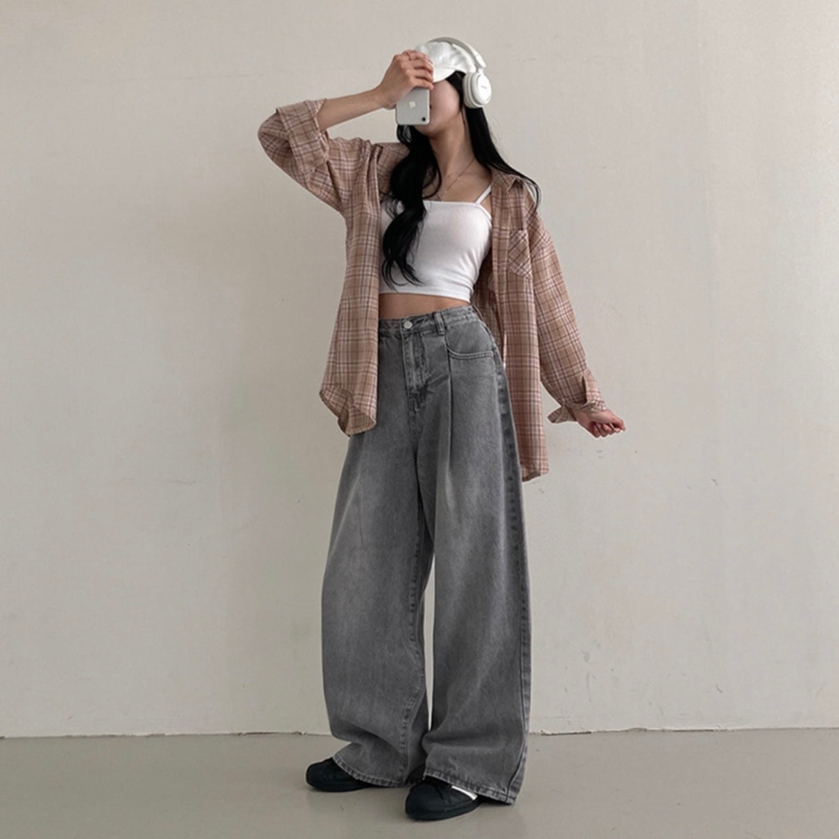 自留♡︎打褶洗水牛仔寬褲