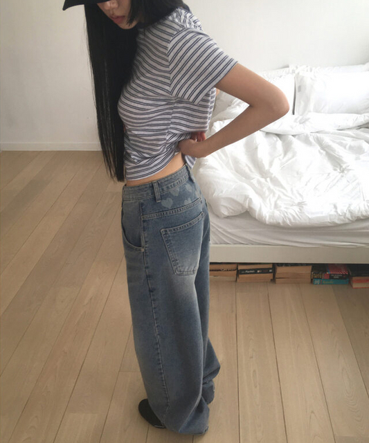 心心設計!!復古洗水牛仔闊褲