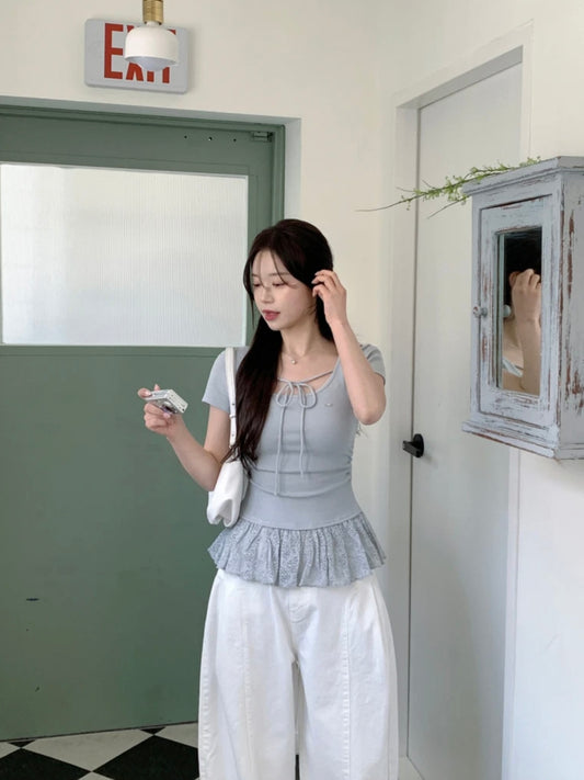 前綁帶蕾絲邊短袖tee