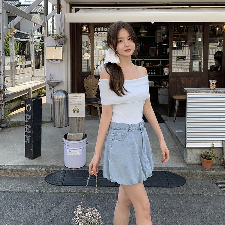 牛仔材質*๑♡可愛花苞短裙