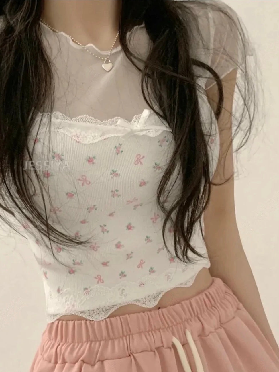 碎花蝴蝶結網紗短Tee
