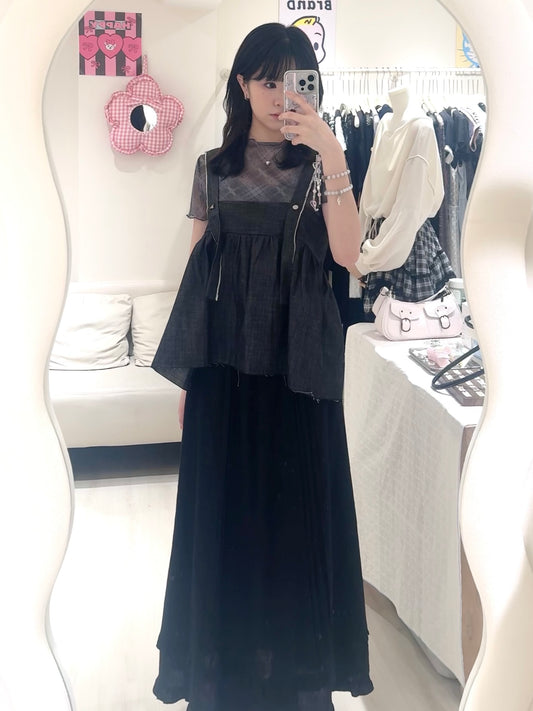 菱格透膚牛仔背心+長裙套裝