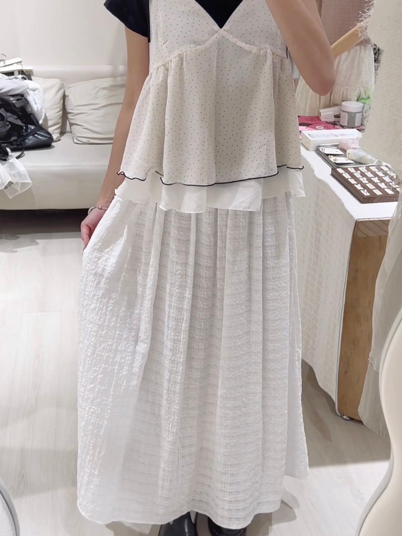 皺皺短Tee+波點層次感背心