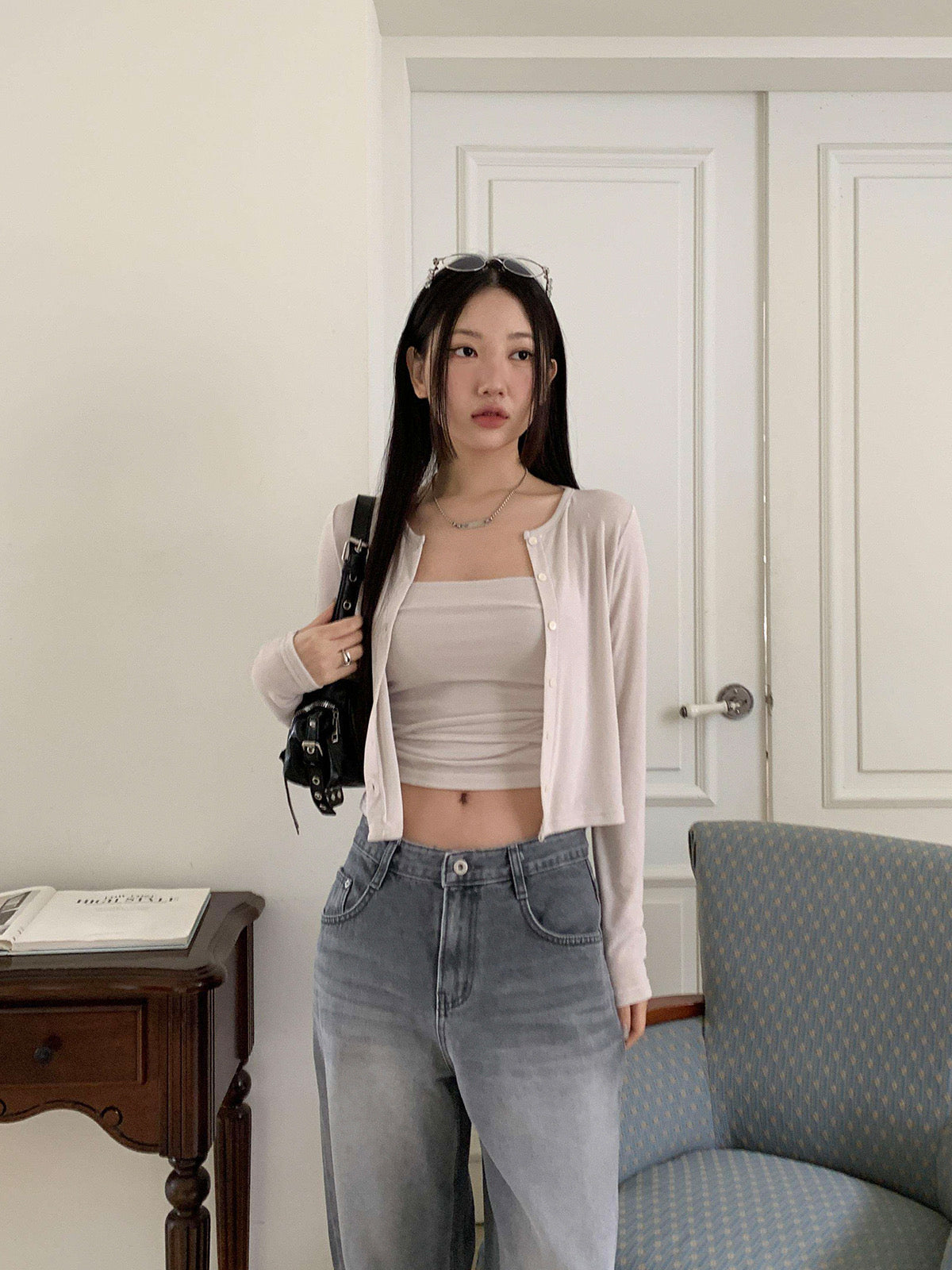 皺摺綁帶tube top+開衫Set