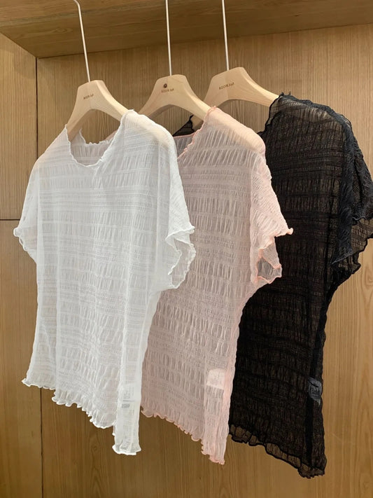 皺皺格紋寬鬆透透tee