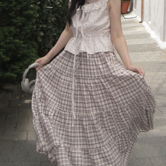 格仔分層蛋糕長裙