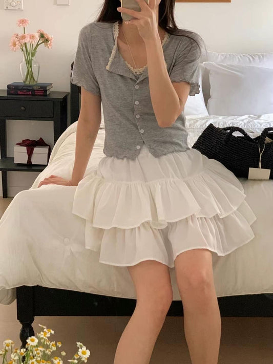 花邊抓皺背心+短袖外套Set