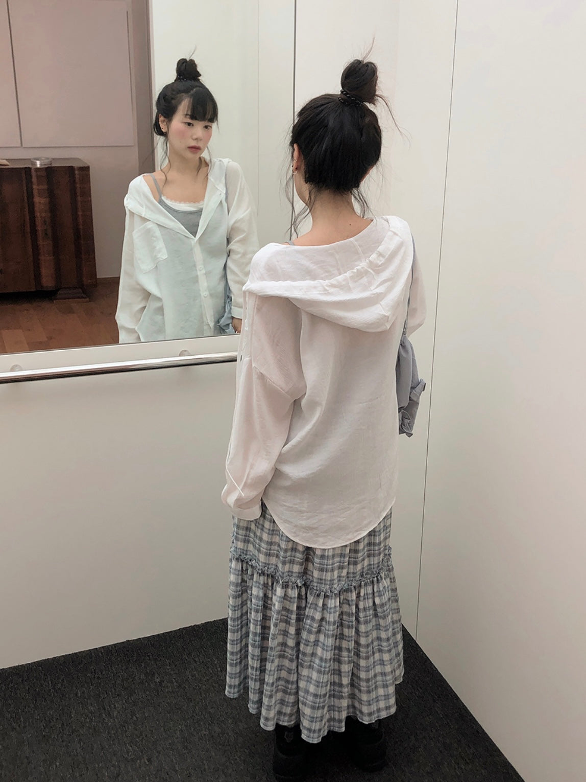 鬆緊腰格紋花邊長裙