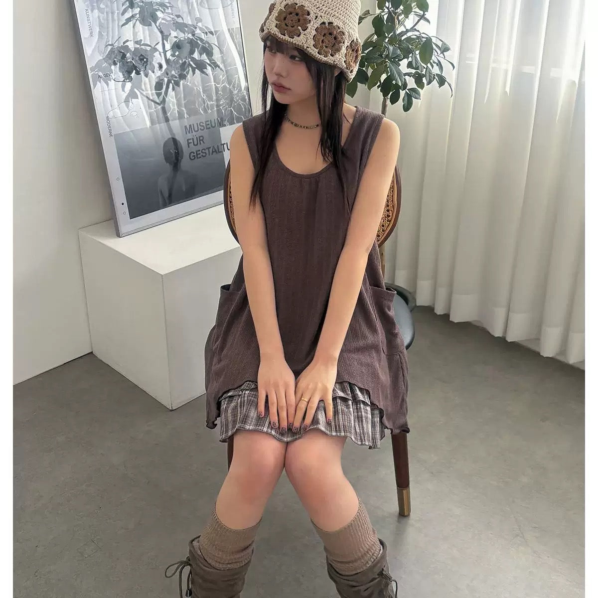 假兩件格仔疊穿連身裙